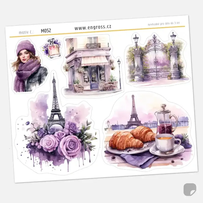 Samolepky do diáře Jarní déšť v Paříži: laděná do romantická fialové barvy.