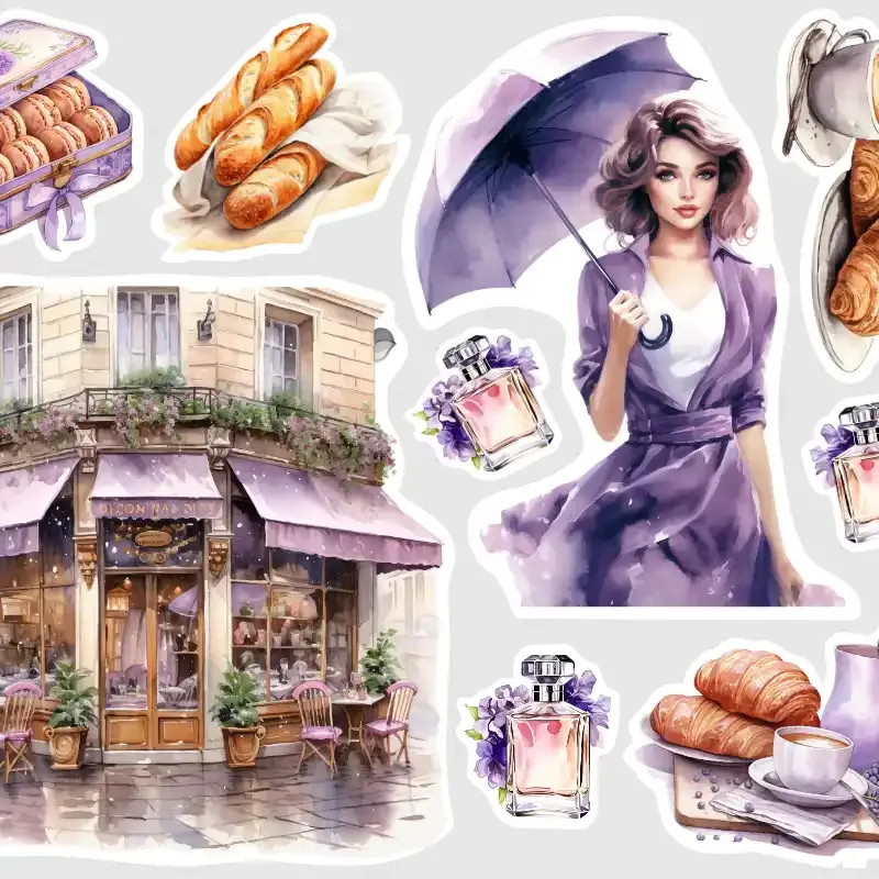 Samolepky do diáře Jarní déšť v Paříži: Romantická snídaně. Mix velkých a malých motivů.