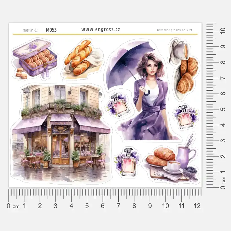 Samolepky do diáře Jarní déšť v Paříži: Romantická snídaně s typickým pařížským pečivem.
