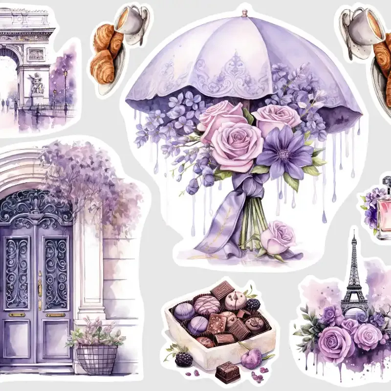 Samolepky do diáře Jarní déšť v Paříži: Mix malých i velkých motivů.