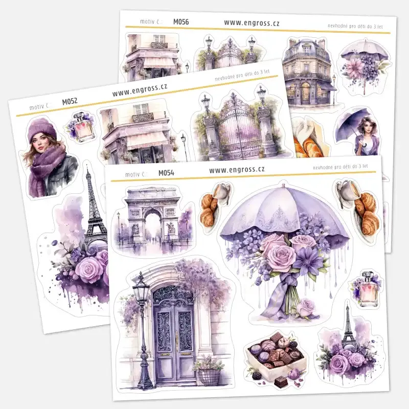 Sada samolepek do diáře Jarní déšť v Paříži: 5 aršíků s velkými i malými nálepkami.