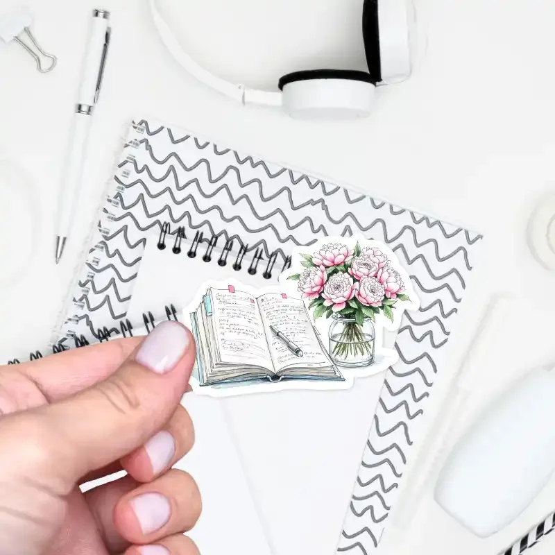 Samolepka deník a pivoňky - pro zdobení a radost v deníku i diáři.