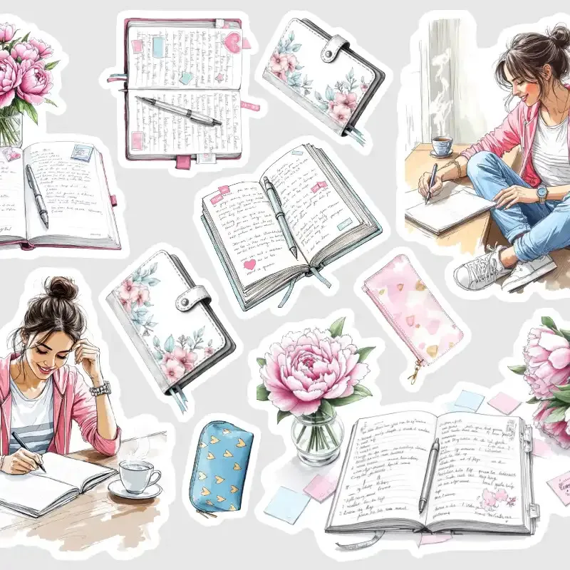 Samolepky do diáře Deník a pivoňky: pro diáře a deníky všech velikostí.