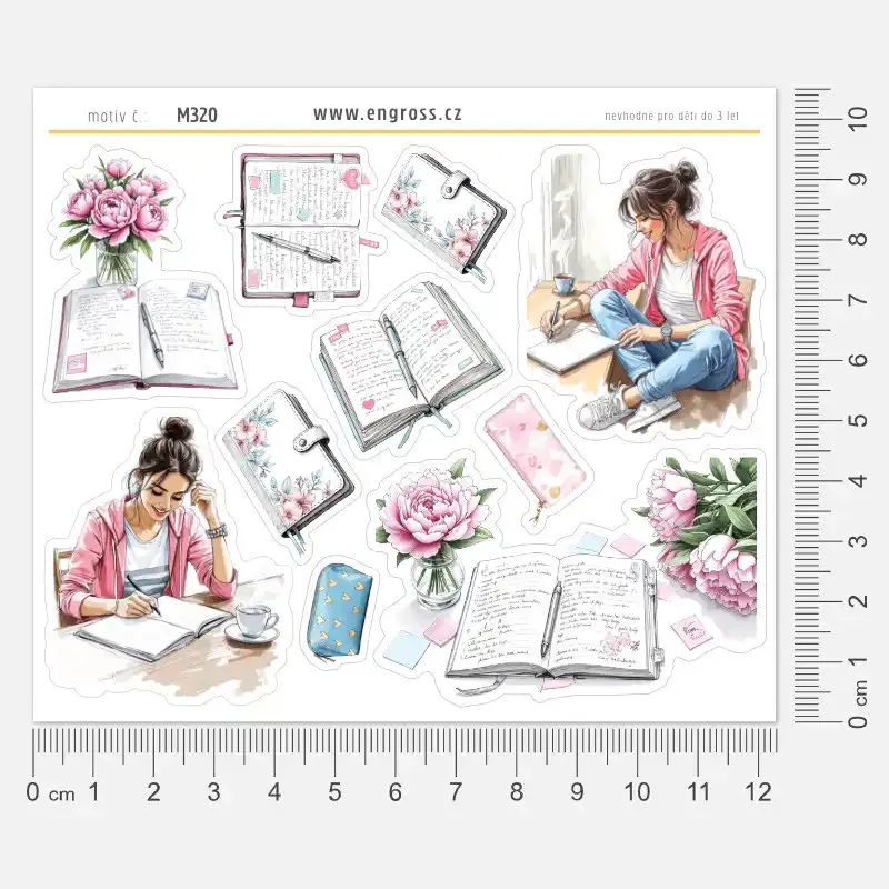 Samolepky do diáře Deník a pivoňky: jemné ilustrace, zátiší s deníky a diáři.