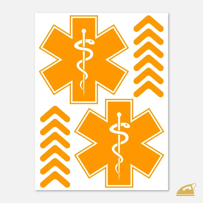 Neonové nažehlovačky pro záchranáře – 2x Hvězda života a šipky na rukávy - neon oranžová.