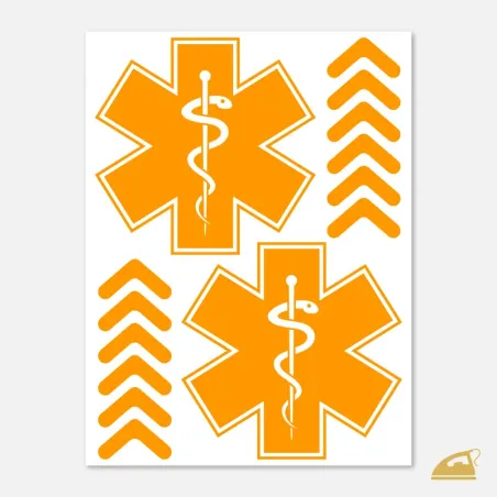 Neonové nažehlovačky pro záchranáře – 2x Hvězda života a šipky na rukávy - neon oranžová.