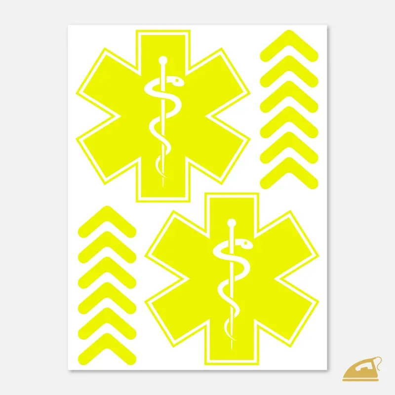 Neonové nažehlovačky pro záchranáře – 2x Hvězda života a šipky na rukávy - neon žlutá.