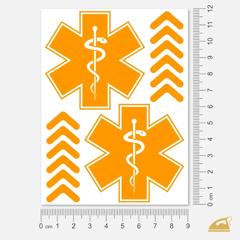 Neonový set nažehlovaček na oděvy pro záchranáře (2x Hvězda života + šipky) - neon oranžová.