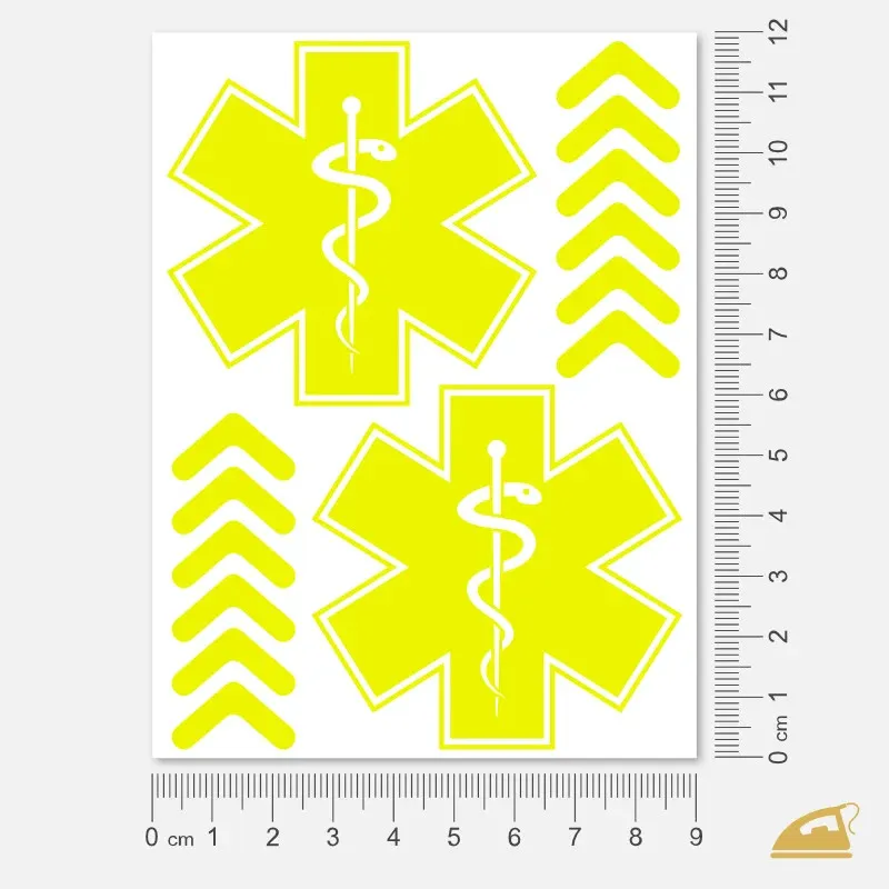 Neonový set nažehlovaček na oděvy pro záchranáře (2x Hvězda života + šipky) - neon žlutá.