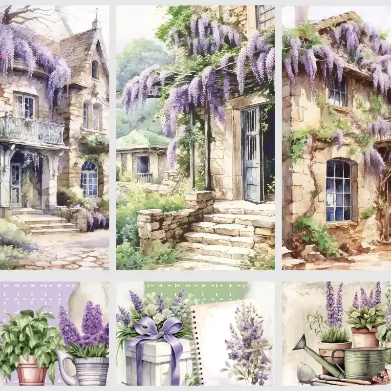 Samolepky do diáře Vistárie v květu: Velké vintage boxy – Jarní domy v romantické vesnici.