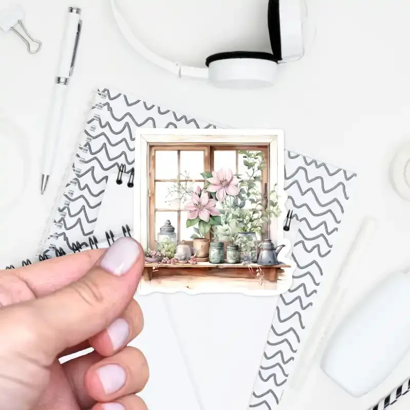 Samolepka do diáře Vistárie: Okno s květinami.