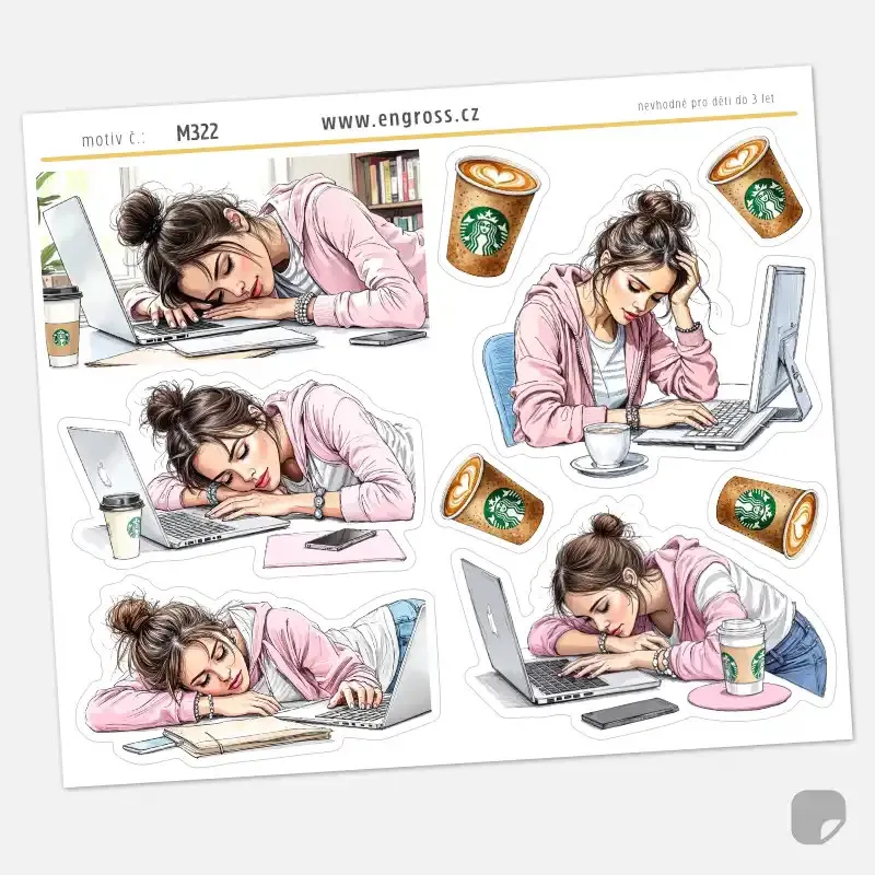 Samolepky do diáře Jarní únava: Spánek u počítače a káva – Home Office.