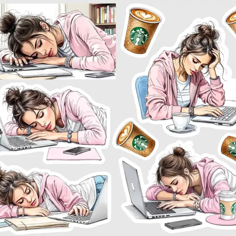 Samolepky do diáře Spánek u počítače na Home Office, když už ani káva nepomáhá.