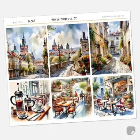 Samolepky pražských kavárniček a uliček.