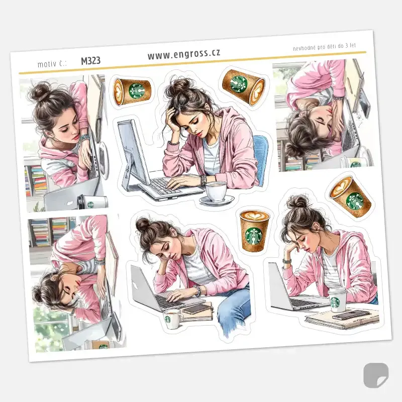 Samolepky do diáře Pracovní únava: Žena u počítače a káva – Home Office.