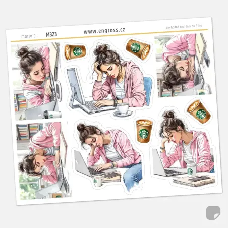 Samolepky do diáře Pracovní únava: Žena u počítače a káva – Home Office.