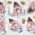 Samolepky do diáře Pracovní únava: Žena u počítače a káva – aneb Když se víčka klíží.
