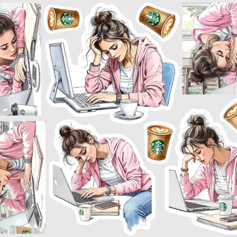 Samolepky do diáře Pracovní únava: Žena u počítače a káva – aneb Když se víčka klíží.