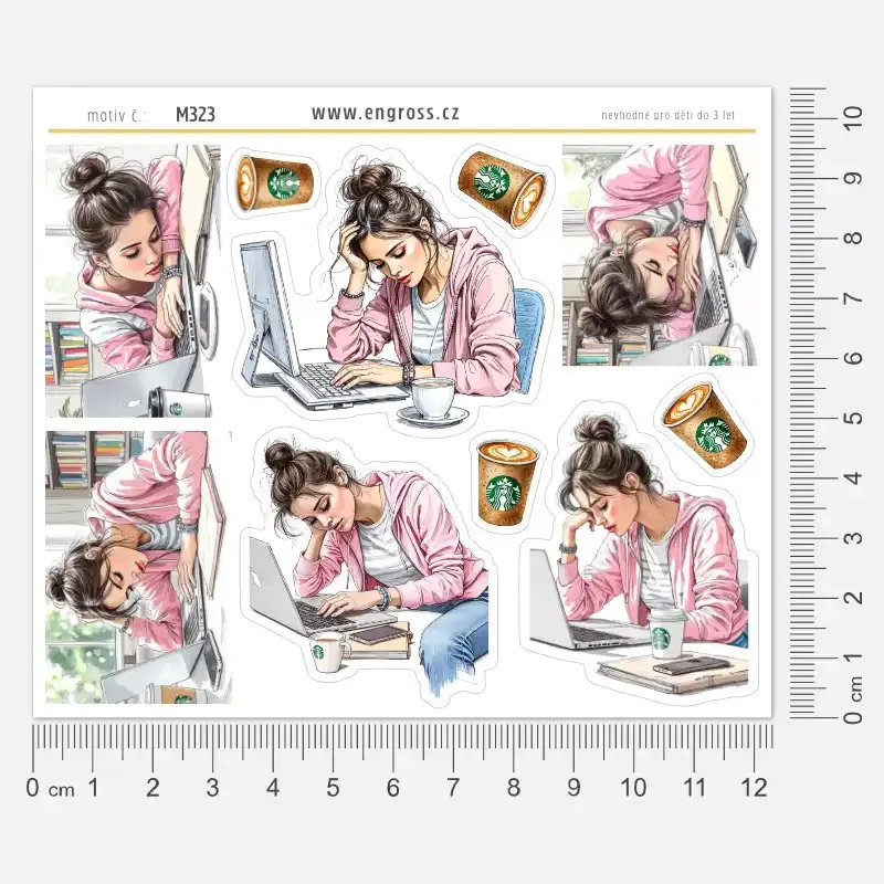 Samolepky do diáře Pracovní únava: Žena u počítače a káva – Home Office. Velké samolepky do diáře.