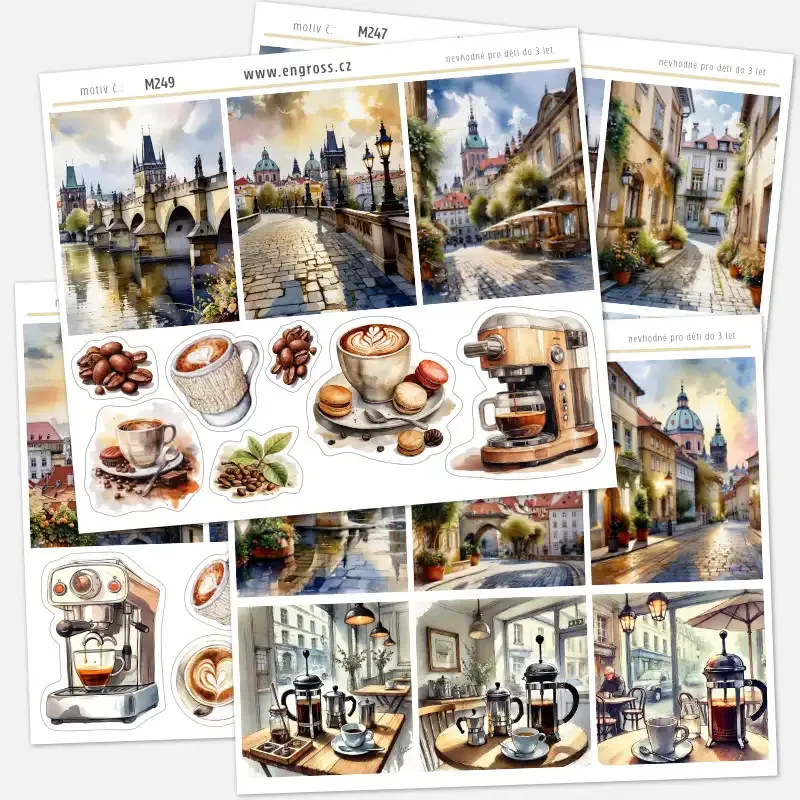 Kolekce samolepek Pražské kavárny.