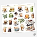 Samolepky do diáře Káva a čaj – Akvarelové nápoje a profesionální kávovar.