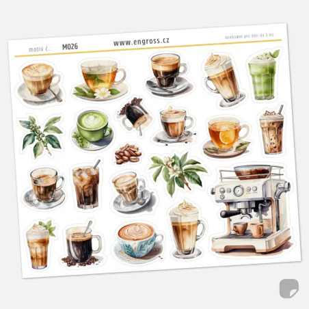 Samolepky do diáře Káva a čaj – Akvarelové nápoje a profesionální kávovar.