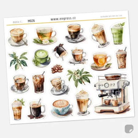 Samolepky do diáře Káva a čaj – Akvarelové nápoje a profesionální kávovar.