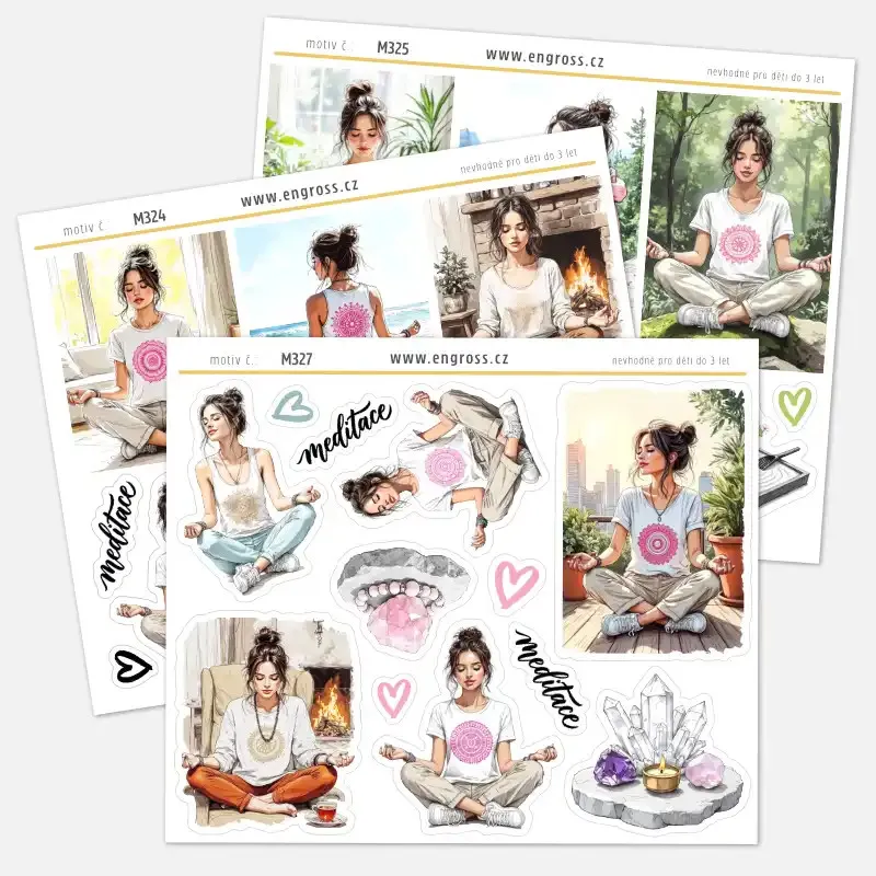 Sada samolepek do diáře Meditace obsahuje 4 aršíky s ilustrovanými nálepkami.