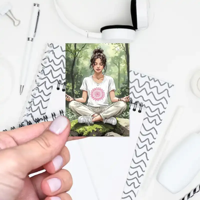 Samolepka do diáře Meditace: Záhněda – žena meditující v zeleném lese.