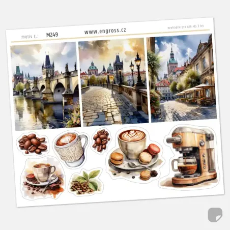 Samolepky pražské kavárny a Karlův most.