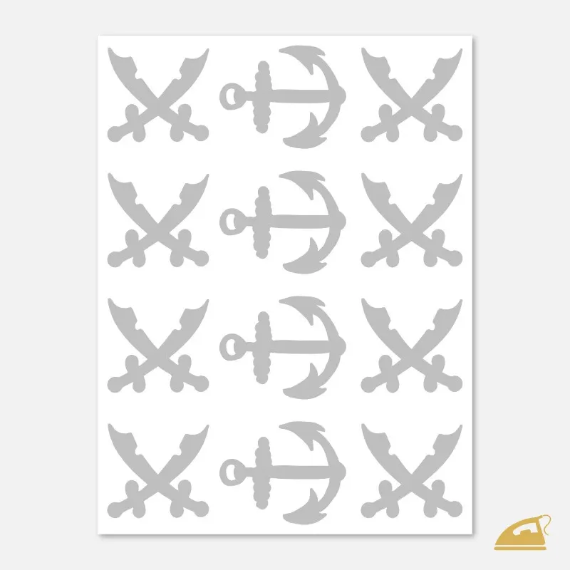 Reflexní nažehlovačka Piráti pro kluky – sada 12 ks (šavle a kotvy) na textil.