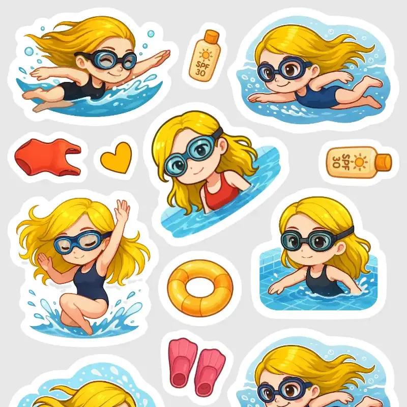 Samolepky do diáře: Plavání a bazén – Blondýnka. 18 ks mini nálepek.