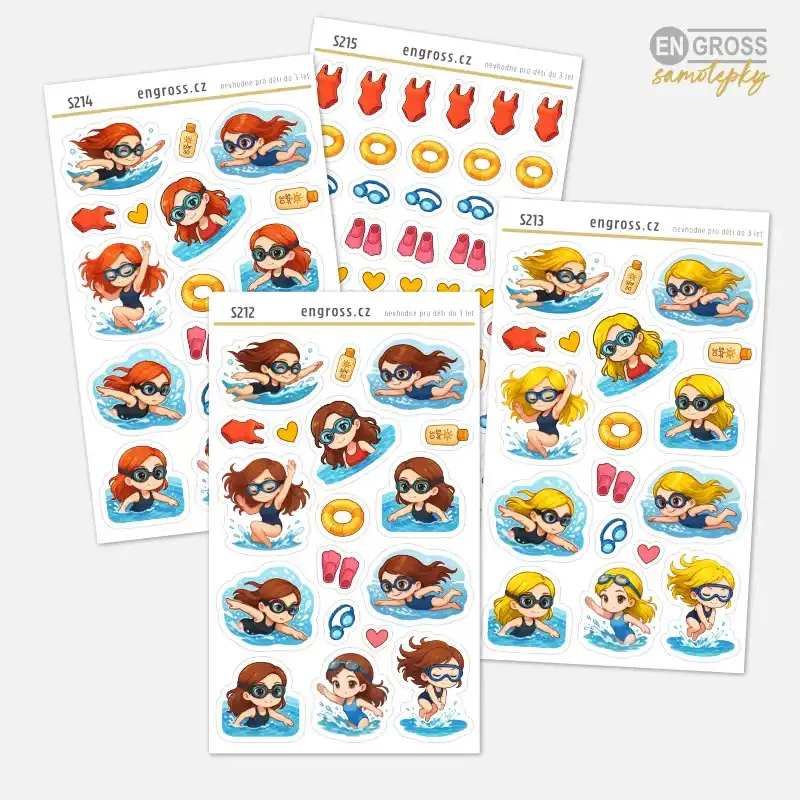 Sada samolepek do diáře: Plavání a bazén – pro Blondýnku, Brunetku a Zrzku.