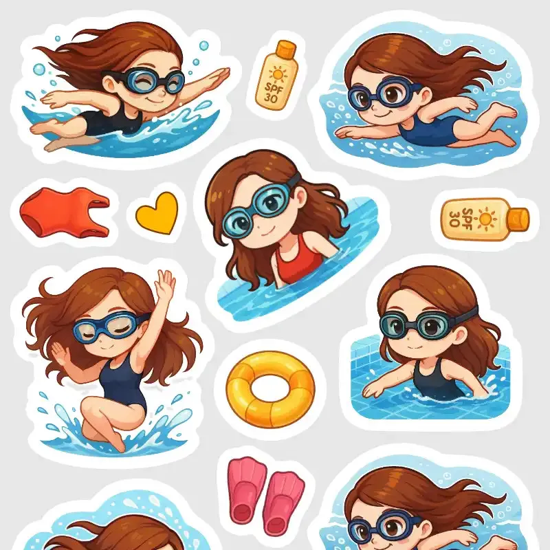 Samolepky do diáře: Plavání a bazén – Brunetka. 18 ks nálepek pro všechny velikosti diářů.