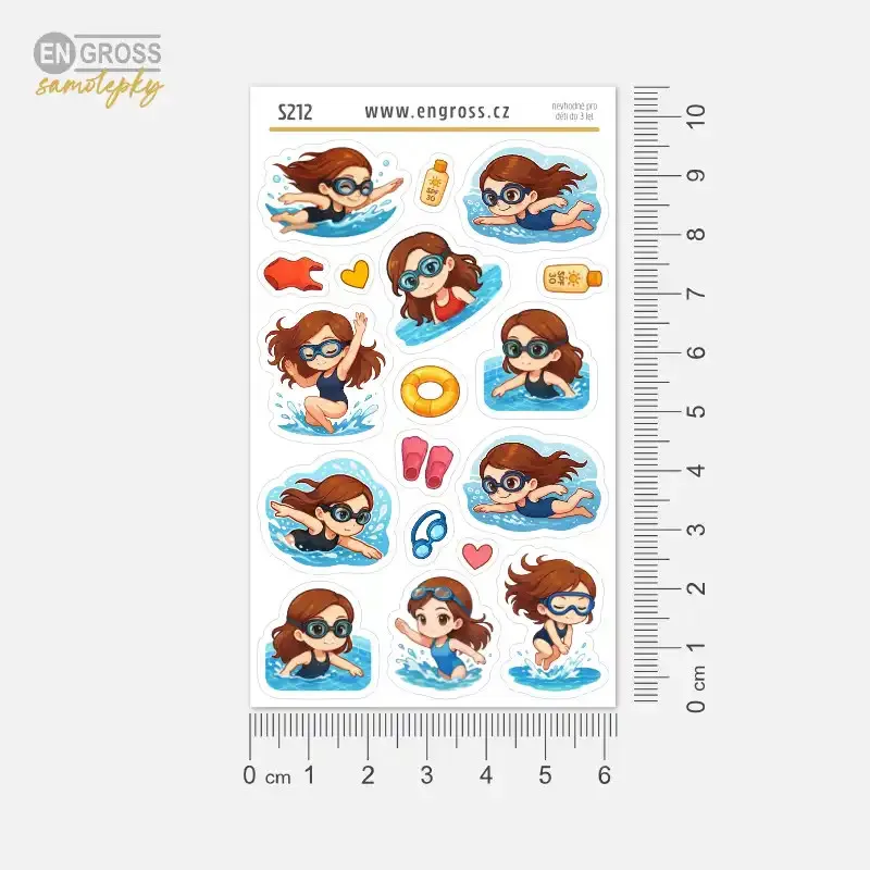 Samolepky do diáře: Plavání a bazén – Brunetka. 18 ks malých nálepek vhodných i do nejmenších diářů.