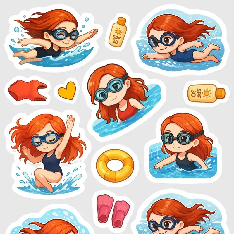 Mini samolepky do diáře: Plavání a bazén – Zrzka. Malé ikonky, které se vejdou do každého diářového políčka.