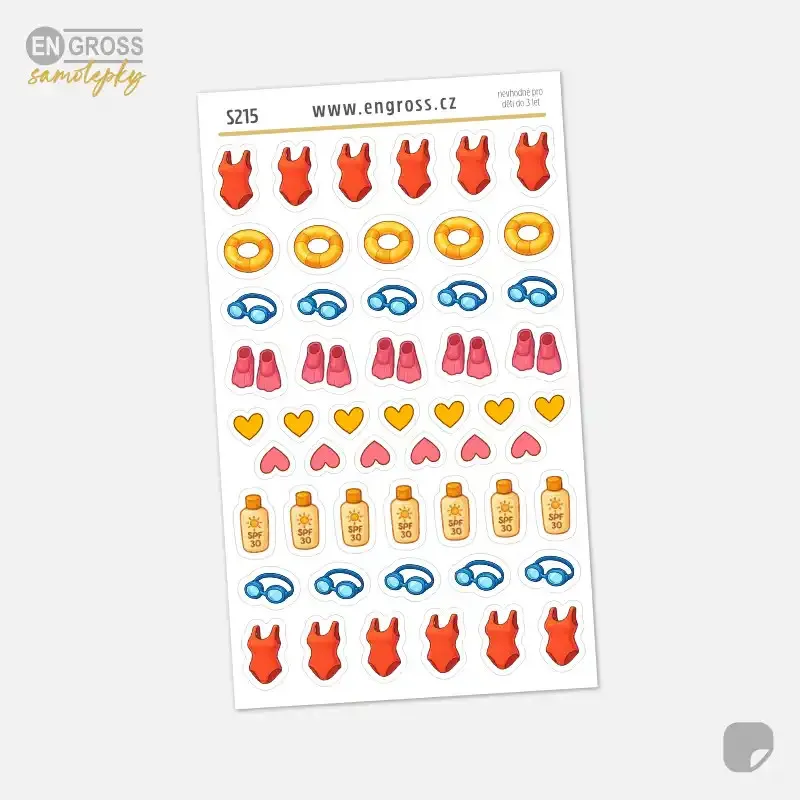 Samolepky do diáře: Plavání a bazén – 52 ks mini ikonek pro plánování.