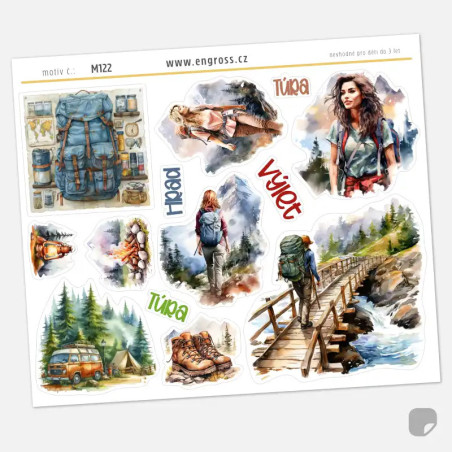 Samolepky do diáře Turistika – Kempování. Watercolor nálepky pro atmosféru cestování přírodou.