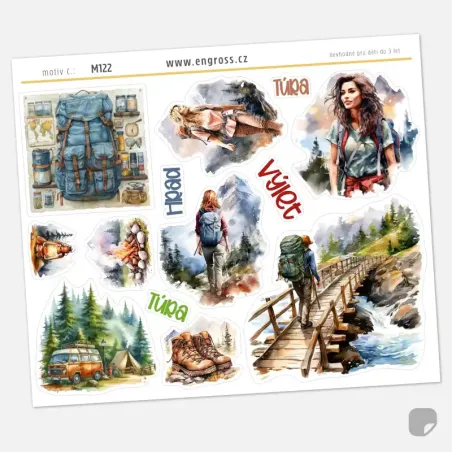 Samolepky do diáře Turistika – Kempování. Watercolor nálepky pro atmosféru cestování přírodou.