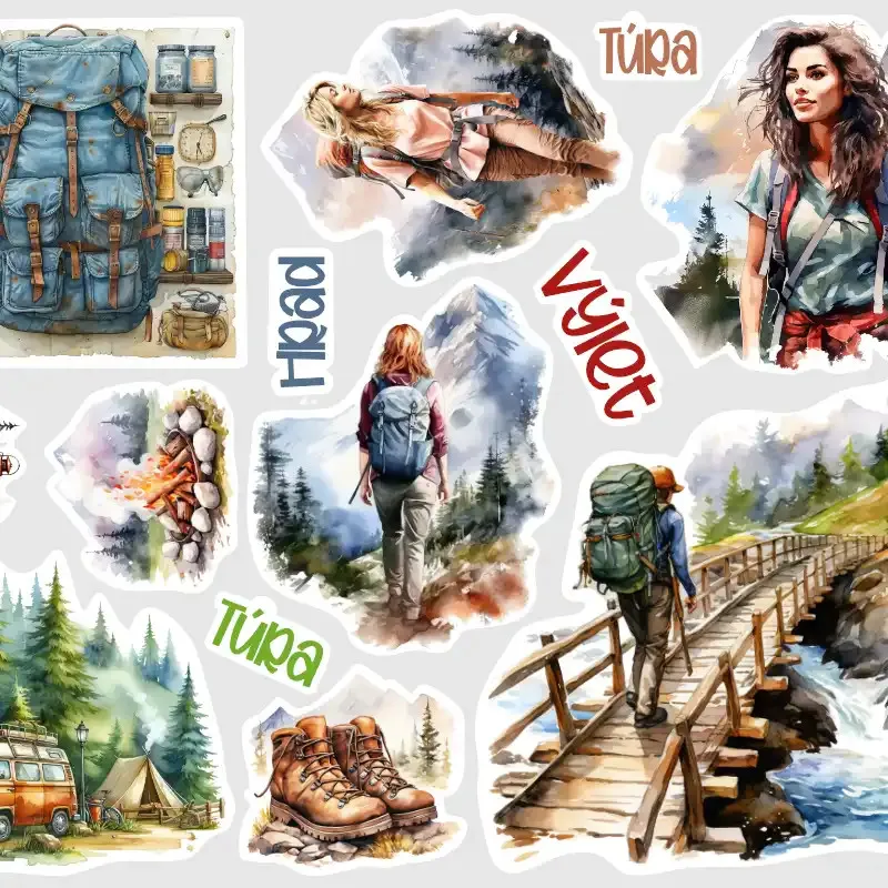 Samolepky do diáře Turistika – Kempování. Watercolor nálepky pro plánování výletů a dovolené.