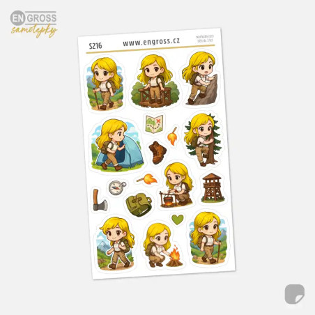 Samolepky do diáře: Táboření a turistika – Blondýnka (17 ks nálepek).