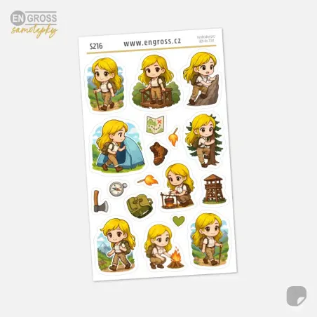 Samolepky do diáře: Táboření a turistika – Blondýnka (17 ks nálepek).