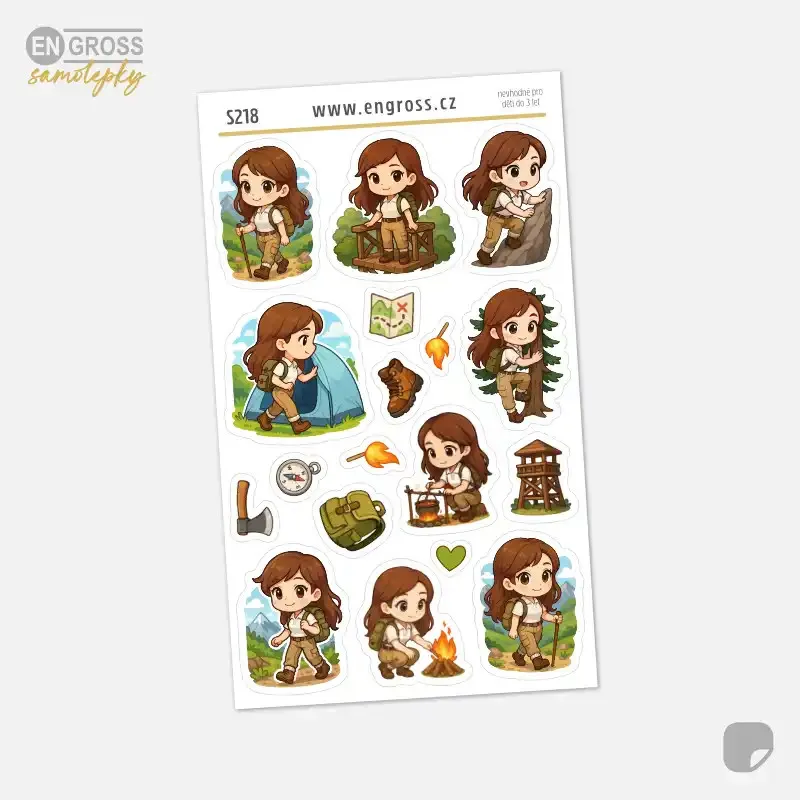 Samolepky do diáře: Outdoor dobrodružství a kempování – Brunetka (17 ks).