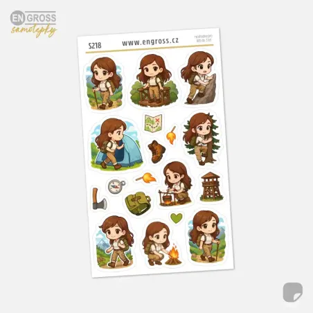 Samolepky do diáře: Outdoor dobrodružství a kempování – Brunetka (17 ks).