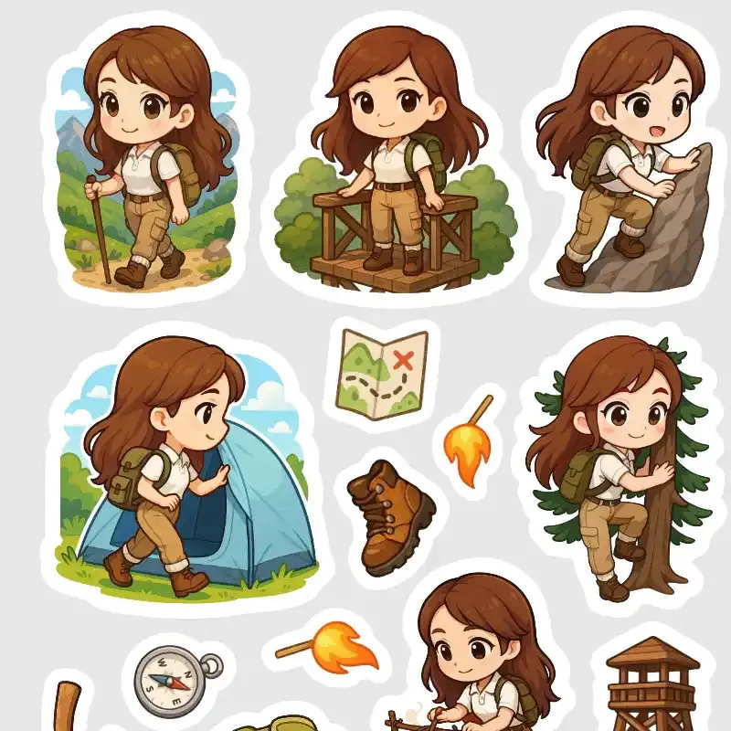 Samolepky do diáře: Turistika a táboření – Brunetka, mini nálepky do každé velikosti diáře.
