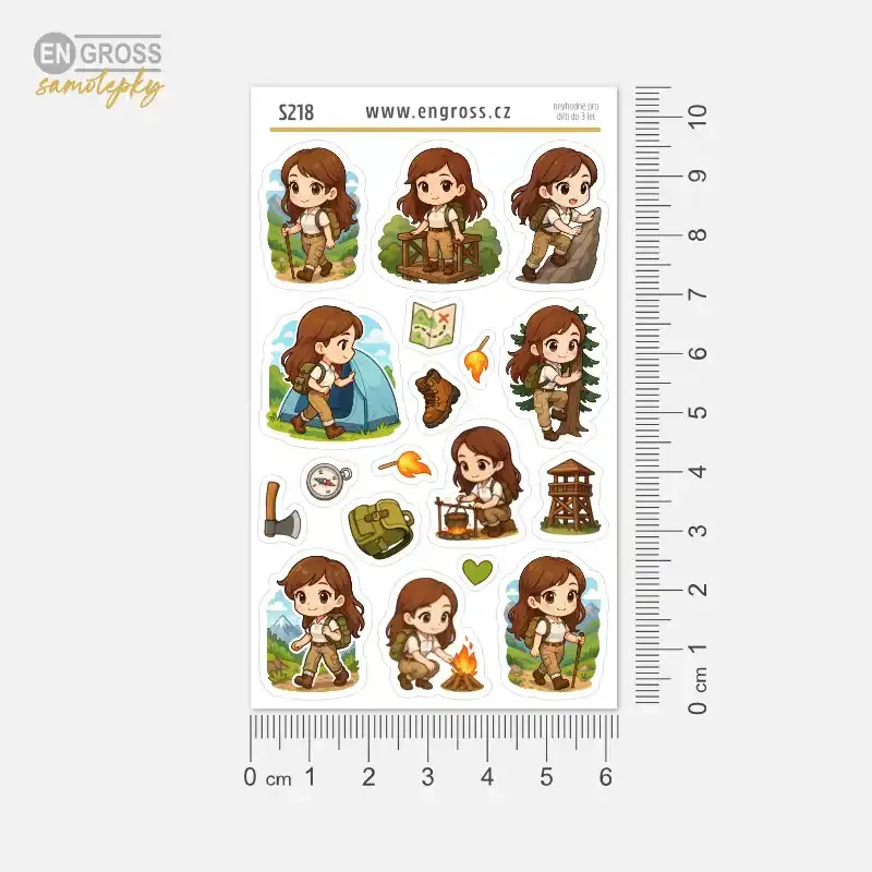 Samolepky do diáře: Turistika a táboření – Brunetka, pro diář, pětiletý deník, bullet i scrapbooking.