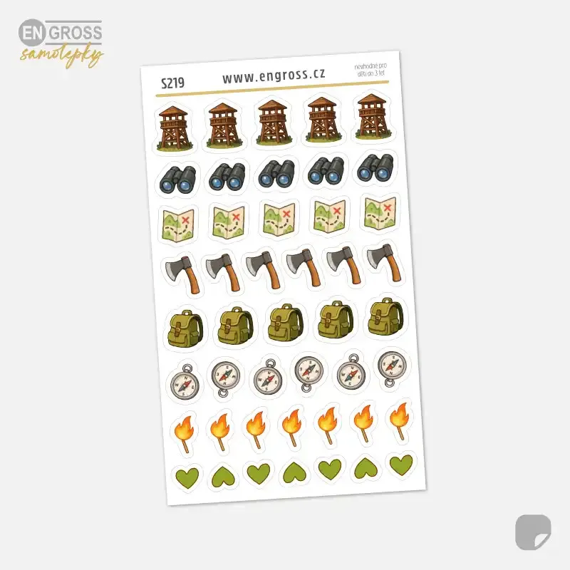 Samolepky do diáře: Táboření a turistika – 46 ks mini ikonek pro plánování.