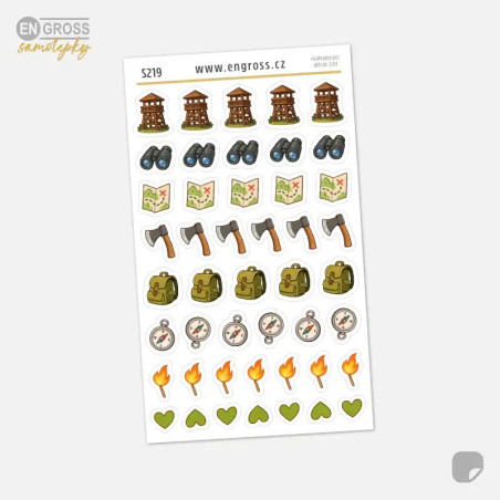 Samolepky do diáře: Táboření a turistika – 46 ks mini ikonek pro plánování.