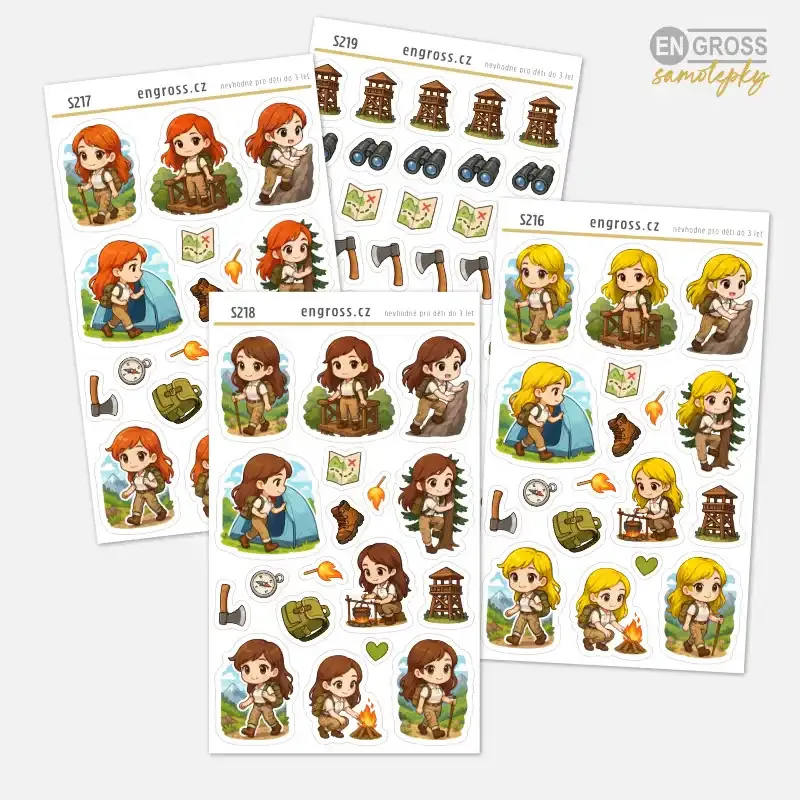 Sada samolepky do diáře: Táboření a turistika – 4 aršíky pro 3 různé barvy vlasů.