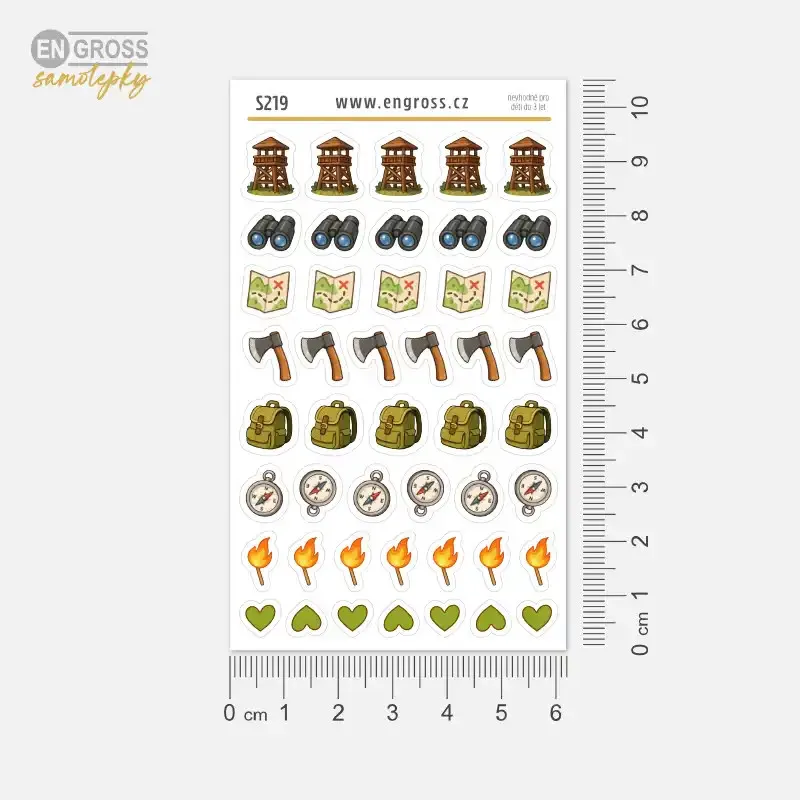 Samolepky do diáře: Táboření a turistika – 46 ks mini ikonek pro diář, pětiletý deník, bullet i scrapbooking.